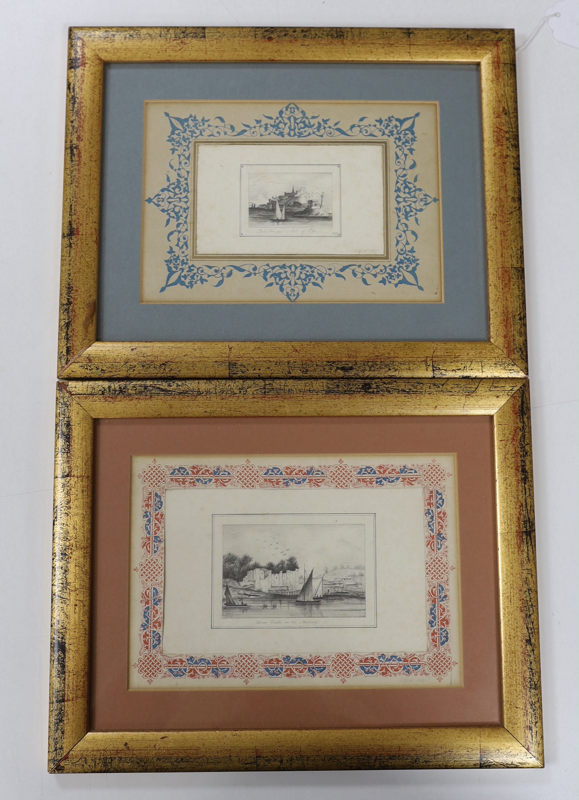 C.J.S. 1841, two pencil vignettes of Upnore Castle and Porto Ferrago, initialled, one dated, 6 x 9 cm and 4.5 x 5.5cm